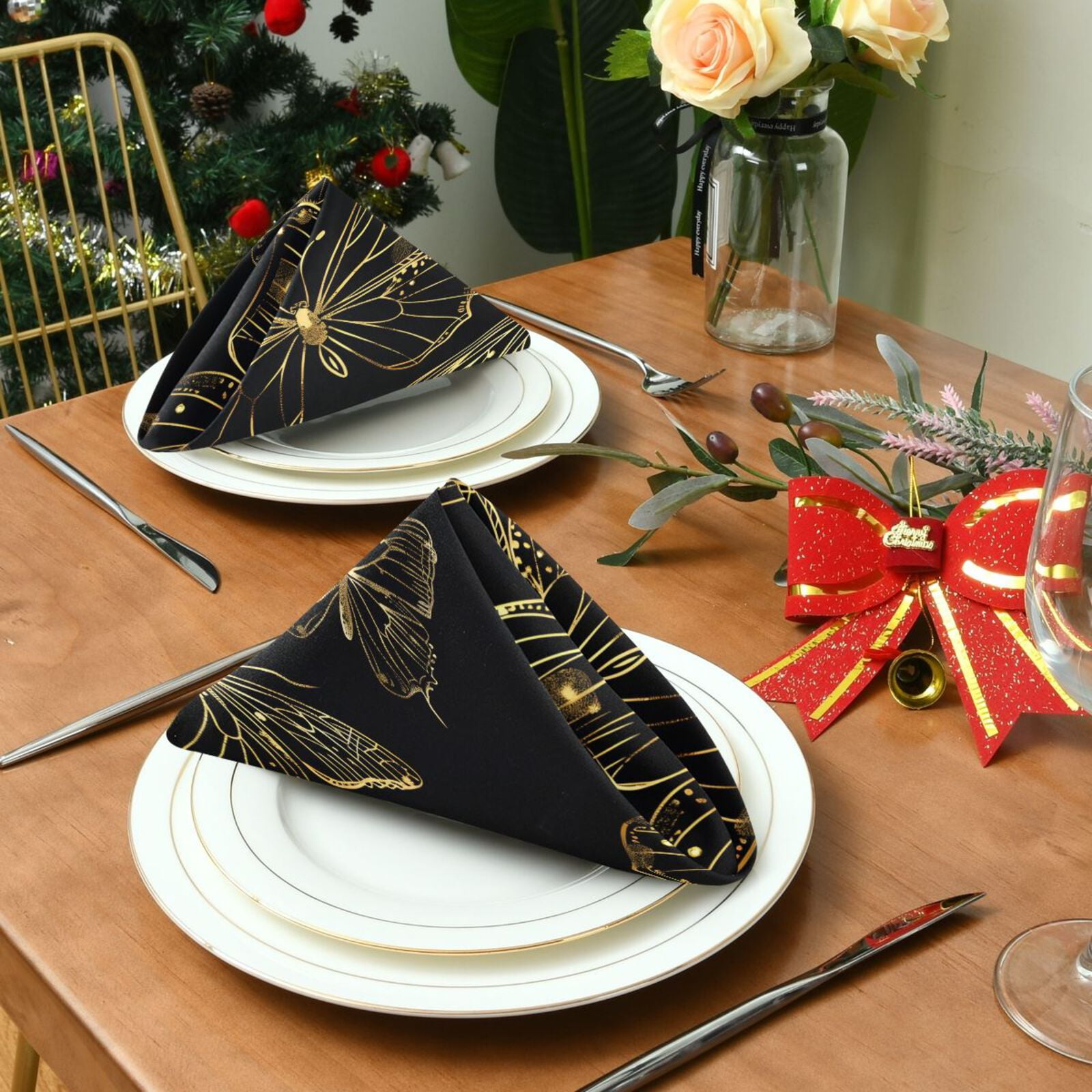 JSTEL Gold Butterfly Cloth Napkins Set of 6, 20x20 Inch Washable and Reusable Napkin for Decoupage Dinner Party Everyday Use