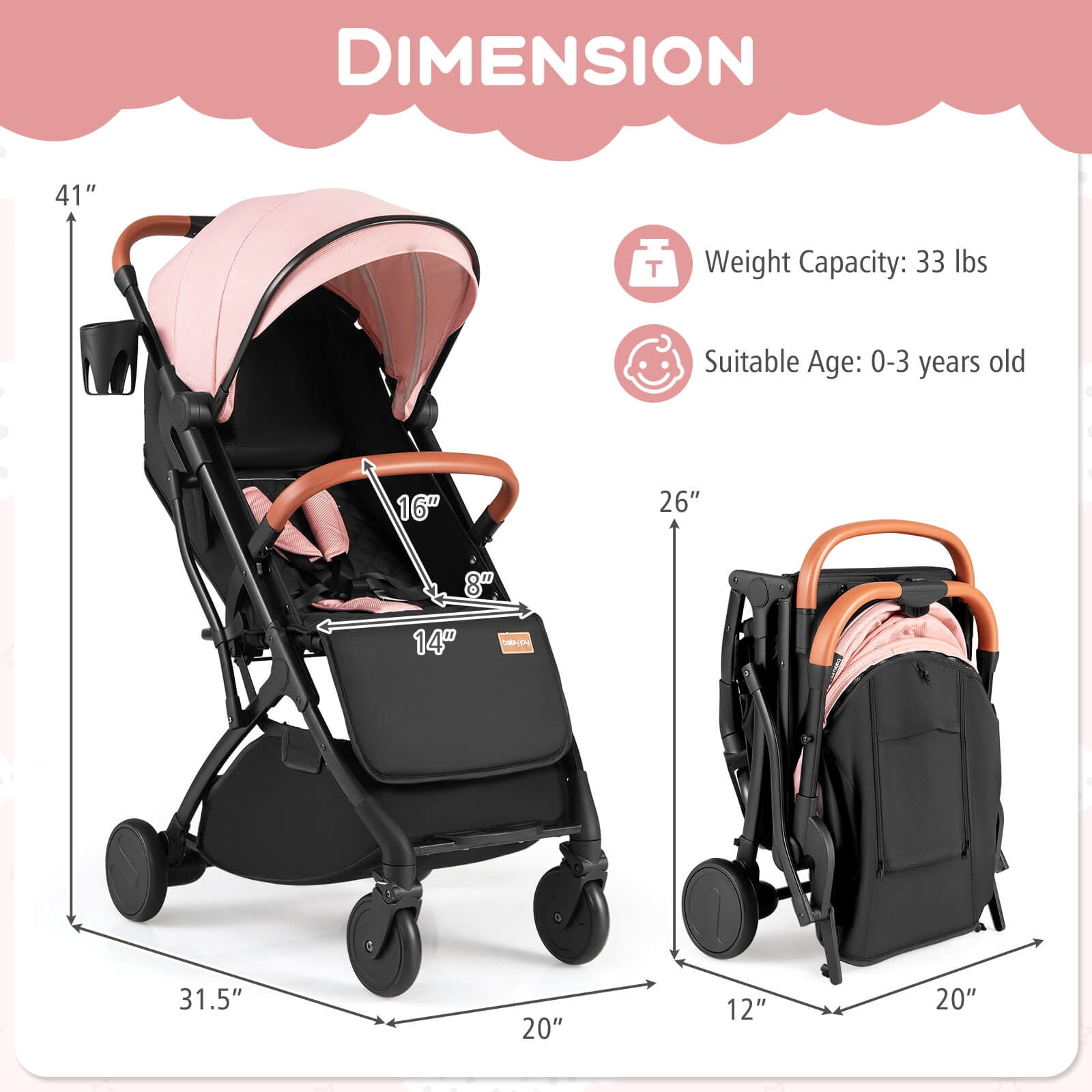 Costway Lightweight Baby Stroller with One-Hand Folding, Extendable Canopy, Storage Baske Pink