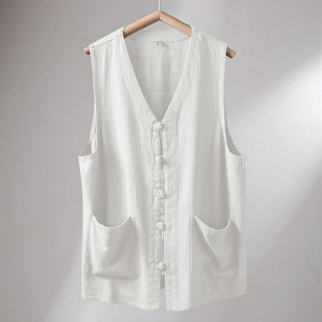 pstuiky Camisetas sin mangas para hombre, Camisa informal de verano para hombre, color liso, sin mangas, con botones y cuello en V Chaleco de hombre xl
