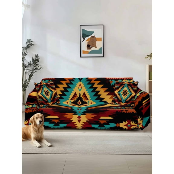Boho Orange Teal Couch Cover, Southwestern Ethnic Abstract Geometric Sofa Cover Blanket for 2 Seat Cushion, Sectional Sofa Slipcover Furniture Protector for Living Room Bedroom 71''x102''