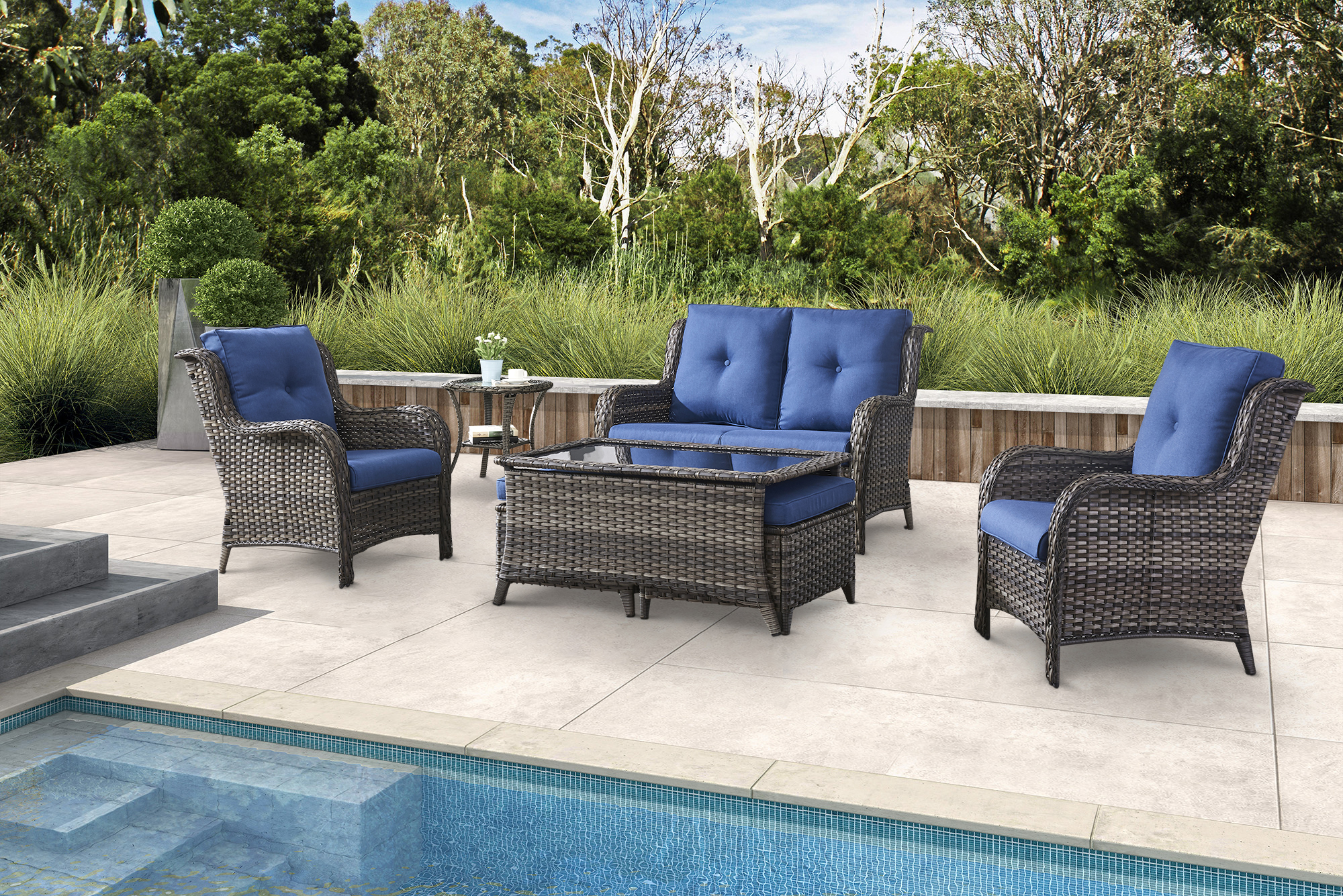 PARKWELL 7Pcs Outdoor Wicker Rattan Conversation Patio Furniture Set, including Two-seater Sofa, Chairs, Coffee Table, Ottomans and Side Table with Cushion, Blue - image 1 of 9