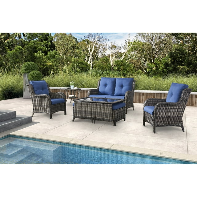 PARKWELL 7Pcs Outdoor Wicker Rattan Conversation Patio Furniture Set, including Two-seater Sofa, Chairs, Coffee Table, Ottomans and Side Table with Cushion, Blue