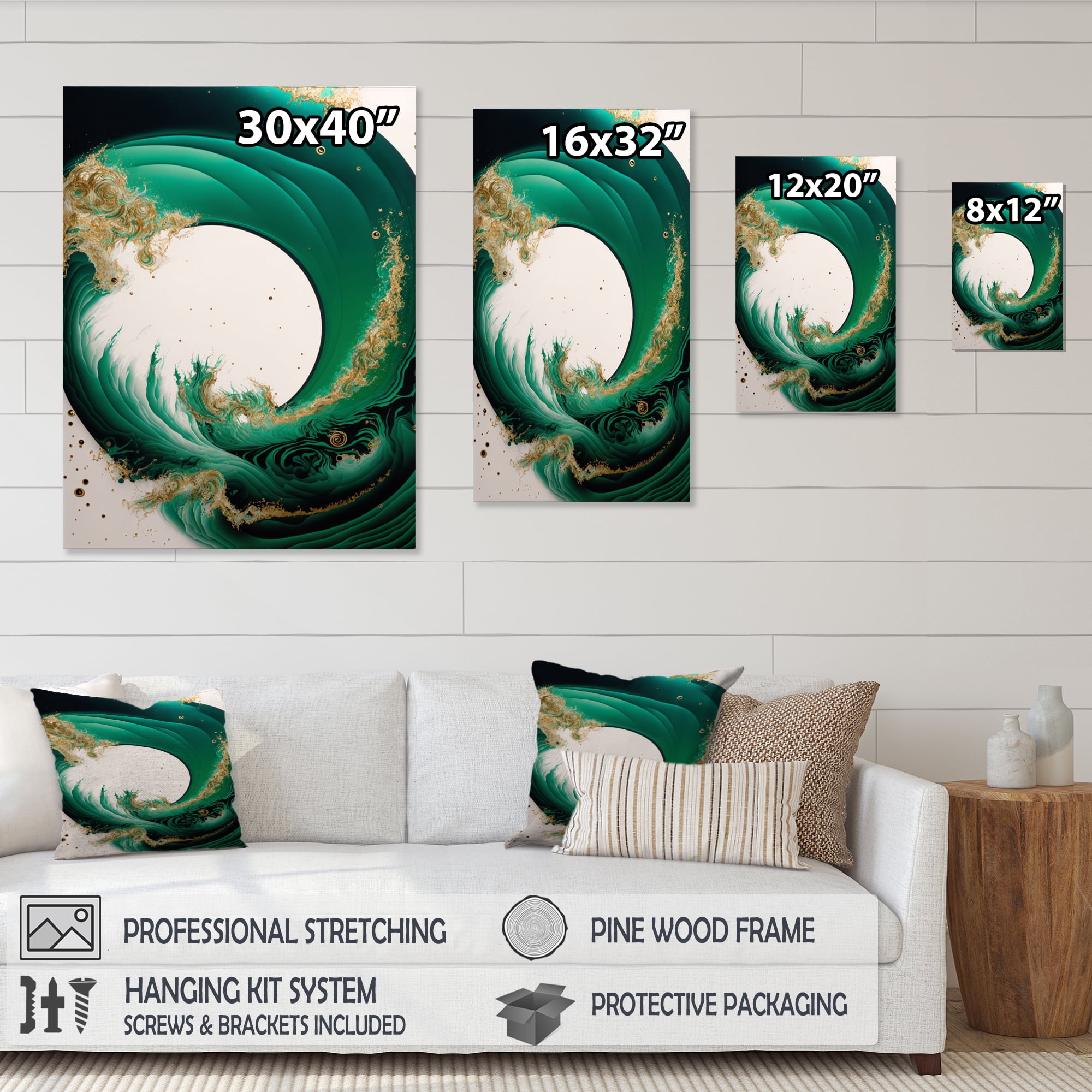 Designart Emerald Green And Gold Abstract Waves III Canvas Wall Art