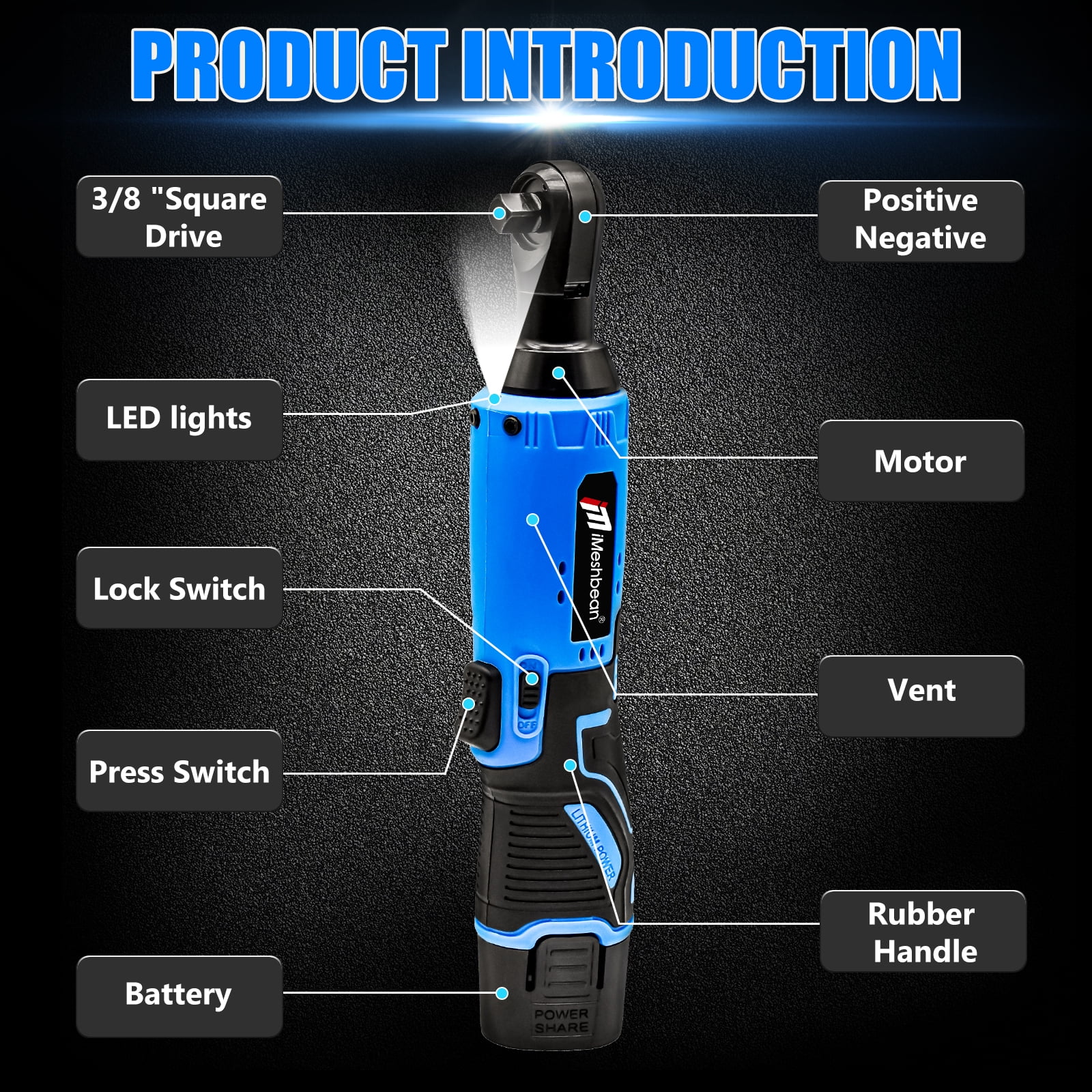 iMeshbean 3/8'' Electric Cordless Ratchet Right Angle Wrench Impact Power Tool 2 Battery