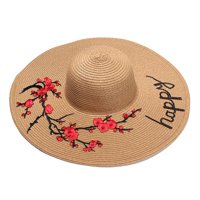 Fashion Culture 'Happy' Floral Applique Wide Brim Sun Hat, Natural