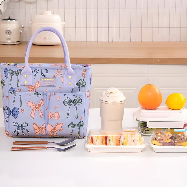 Bolso Aislante para Almuerzo de Poliéster con Estampado de Lazo Impermeable y Resistente a Manchas 26x24x14cm Azul Beige para Oficina o Picnic