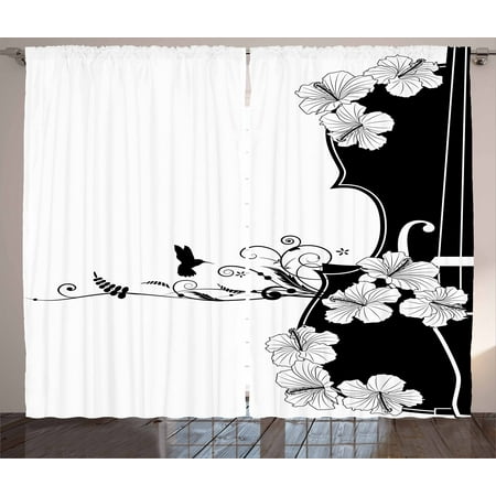 - Art Nouveau Curtains 2 Panels Set, Flower Musical Composition with Bird Scrolled Lily Petals Nature Growth, Window Drapes for Living Room Bedroom, 108W X 63L Inches, Black and White, by Ambesonne