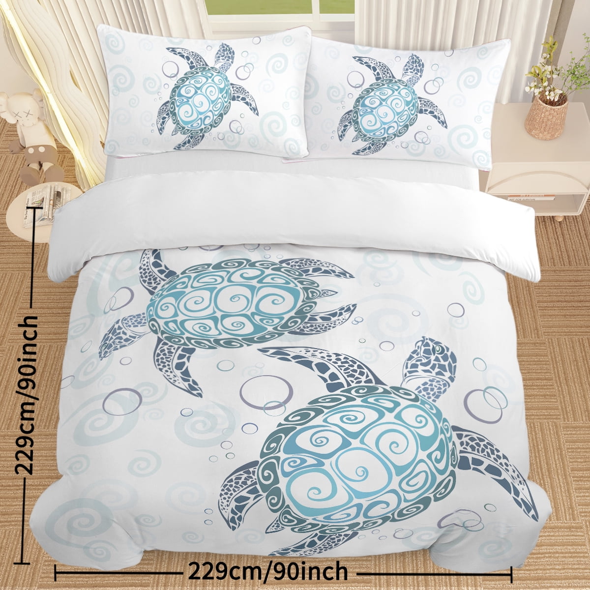 Sea Turtle Bedding Aqua Teal Blue Duvet Cover Sets Beach Turtle Bed Sets Ocean 3 Piece Turtle Themed Comforter Cover with 2 Pillowcases