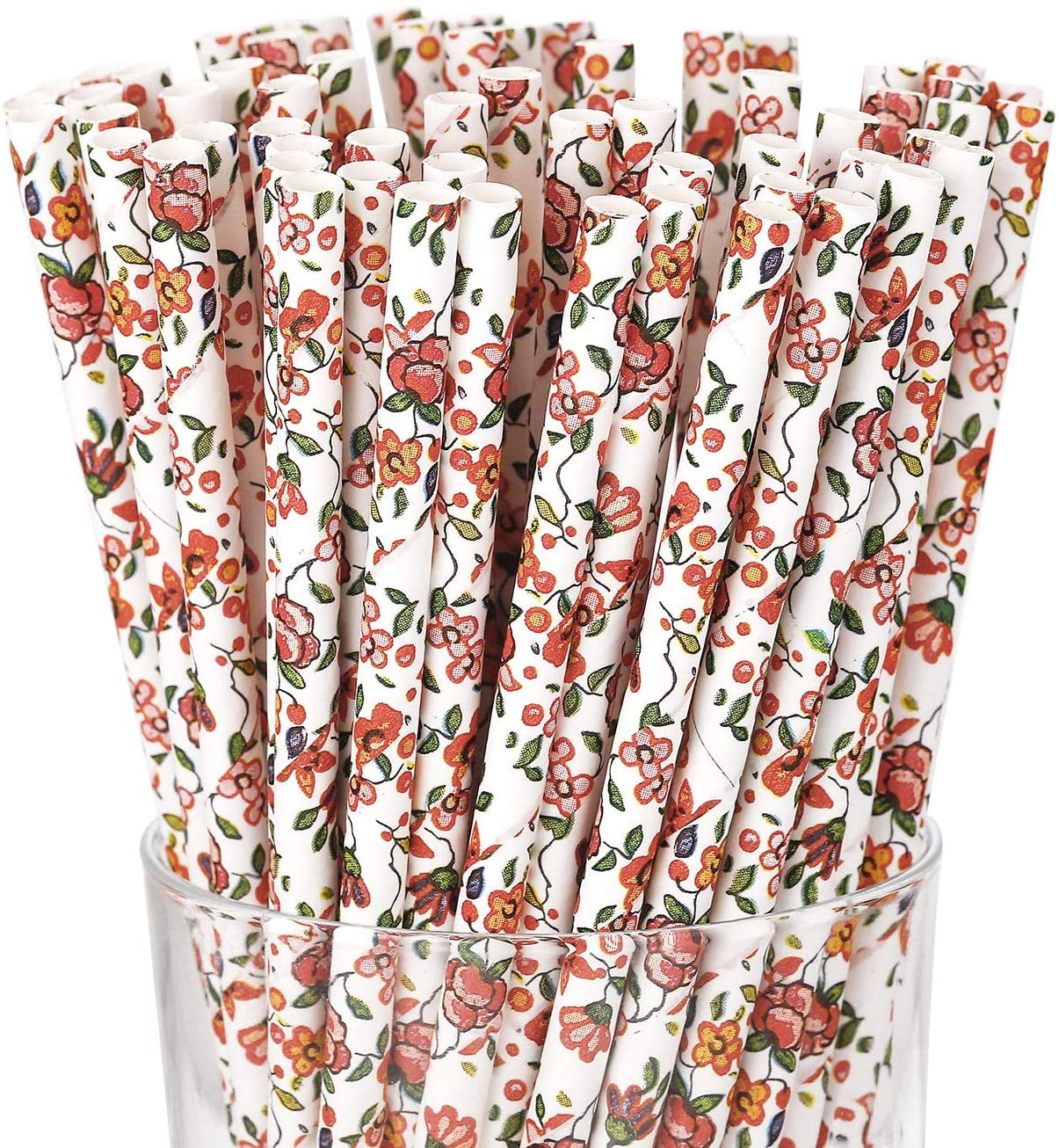 Rose Floral Paper Straws 7.7 Inches 100 Pack Paper Drinking Biodegradable Paper Straws Bulk