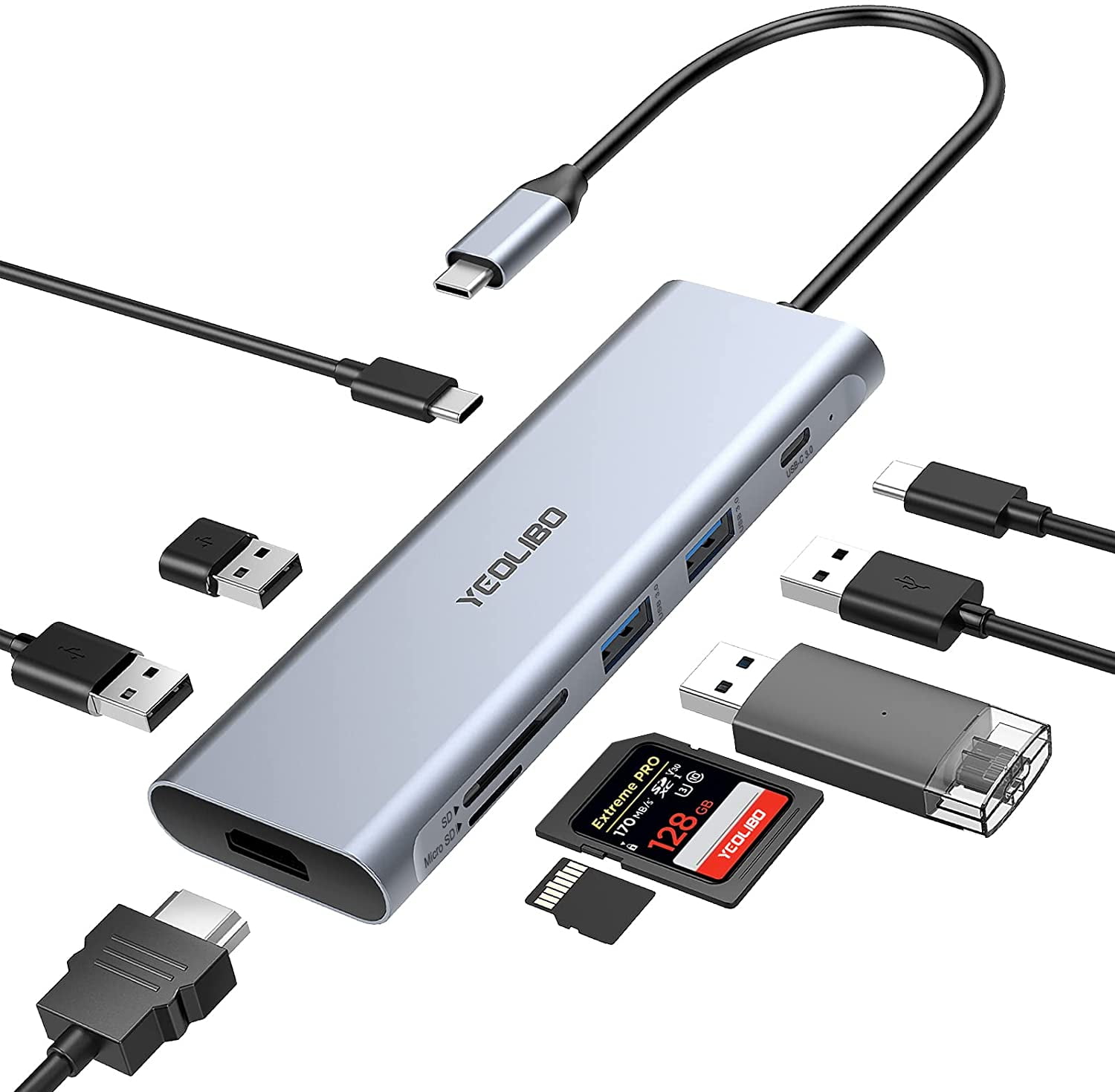 YEOLIBO USB Hub, in 1 USB C Hub Multiport Adapter, USB Hub with USB-C 3.0, 2.0 and 3 x USB 3.0 Ports, USB C to HDMI 100W PD,