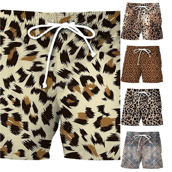 SONXAHE Leopard Print Swim Trunks For Men Drawstring Waist Beach Vacation Bottoms