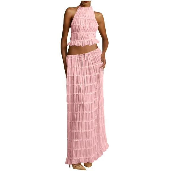 Womens Y2k Skirt Set Backless Lace Halter Crop Top and Long Skirt Sets Beach Cocktail Club Dress Fashion Outfit