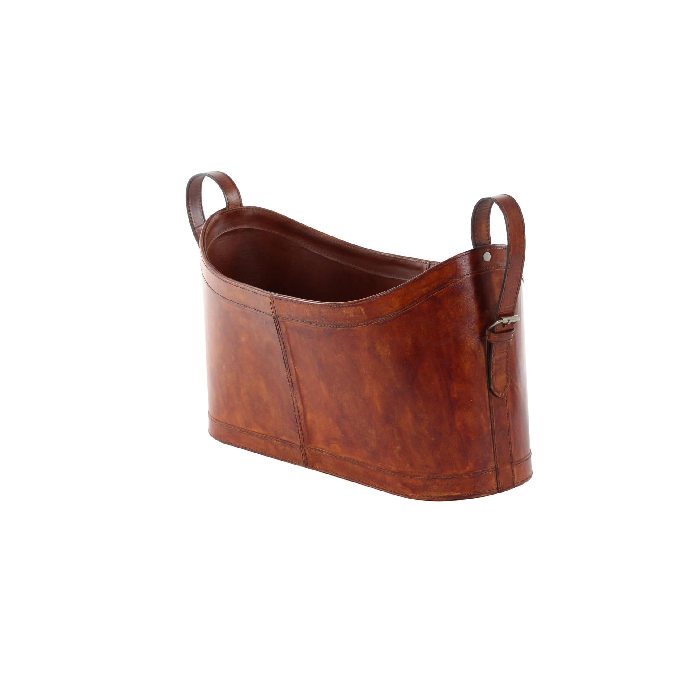DecMode 12" Brown Leather Handmade Curved Box Style Single Slot Magazine Holder with Buckle Handles