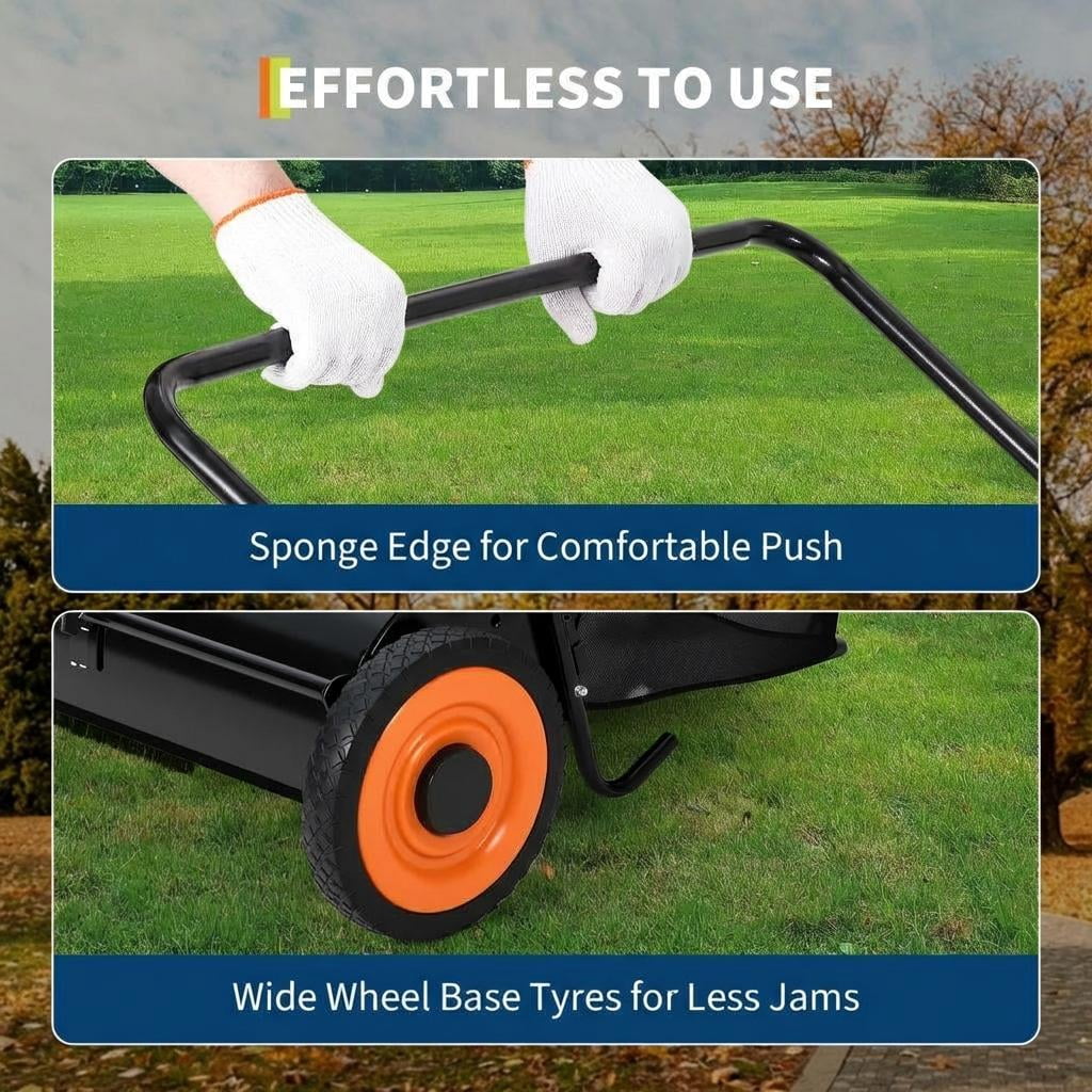GARVEE Push Lawn Sweeper,21-inch Width Enhanced 4-Brush System Collector for Leaves & Grass,Strong Rubber Wheels & Heavy Duty Thickened Steel & 3.5 Cu. ft Hopper Bag,Black&Orange
