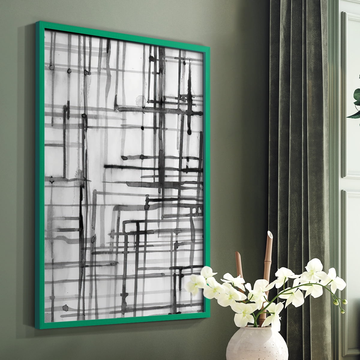 Line Meditation I in Green Solid Wood 11 x 14 Framed Print