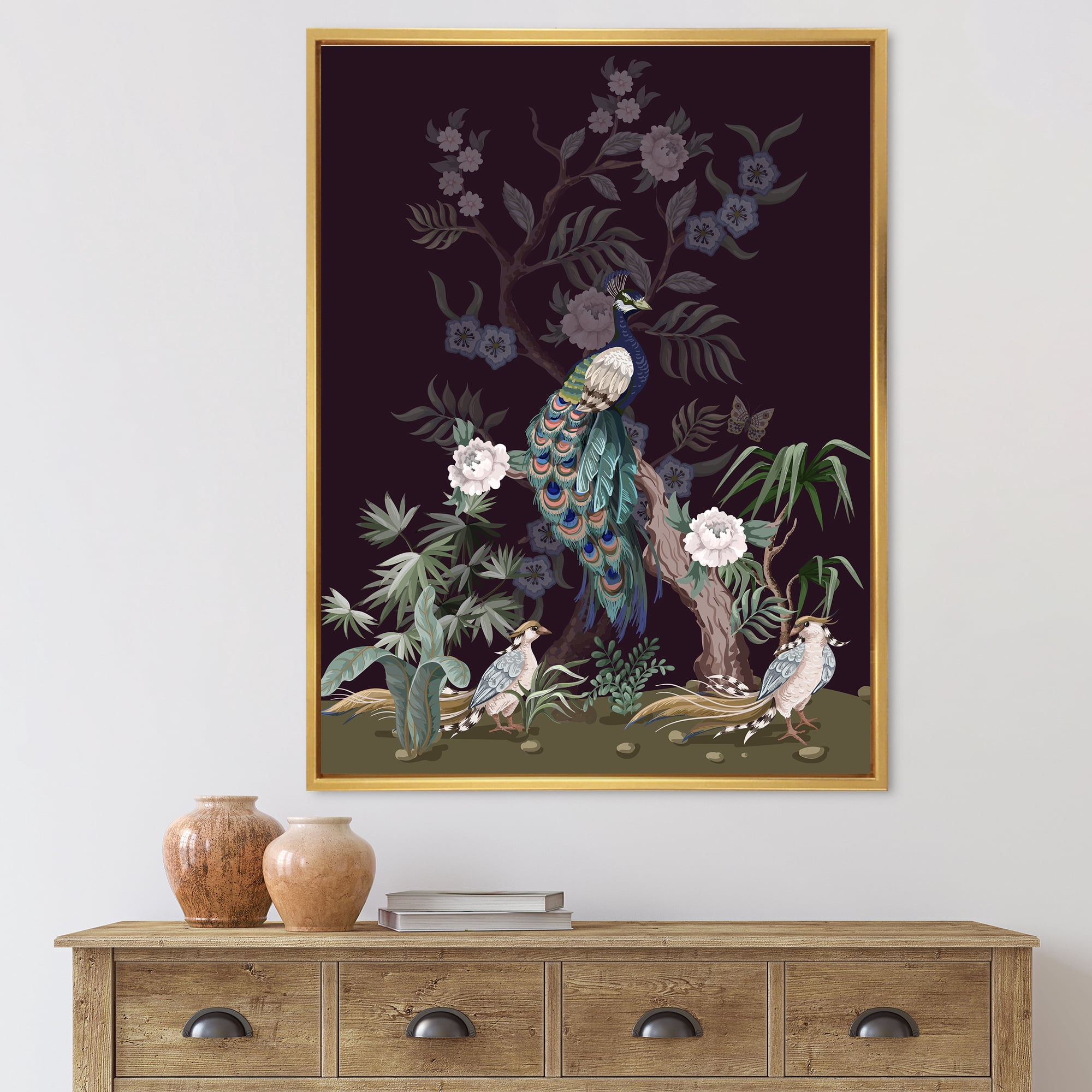 Designart 'Chinoiserie With Peonies and Birds V' Traditional Framed Canvas Wall Art Print