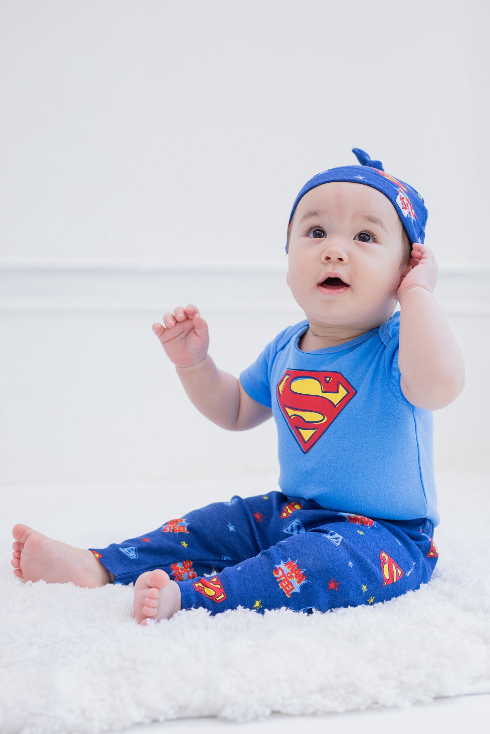 DC Comics Justice League Superman Infant Baby Boys Bodysuit Pants and Hat 3 Piece Outfit Set Newborn to Infant