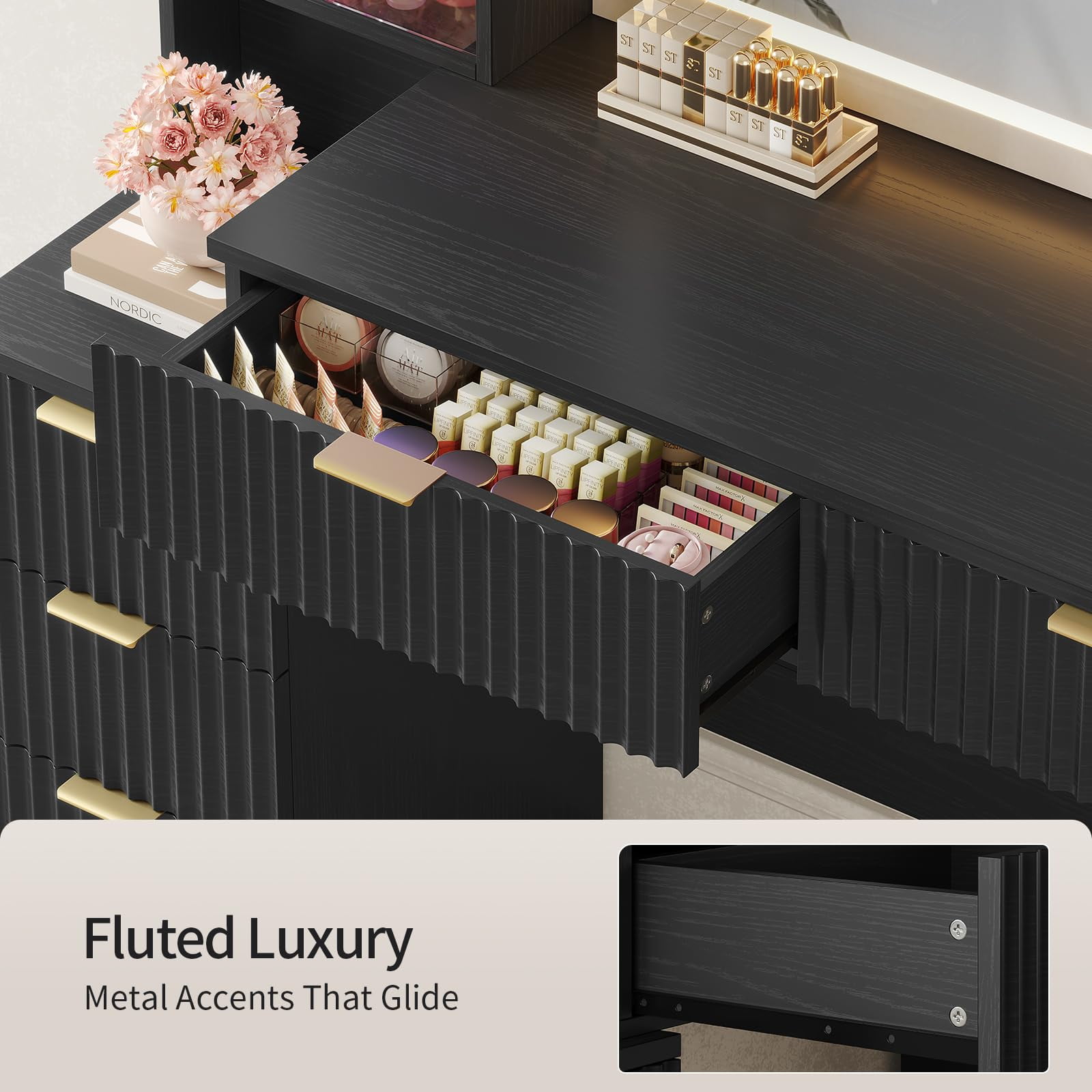 59.1" Fluted Makeup Vanity Desk with Large Mirror and Lights, 8 Drawer Vanity with Power Strip, Sound Sync LED Lights, Shelves, 2 Glass Cabinets，Modern Dressing Table for Bedroom,Black