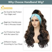 QUEENTAS Headband Wig for Women 24 Inch Glueless Ready to Wear – Long Wavy Loose Wave Pre-Plucked Natural Hairline Heat Resistant Synthetic Wig (Dark Brown with Honey Caramel Highlights)