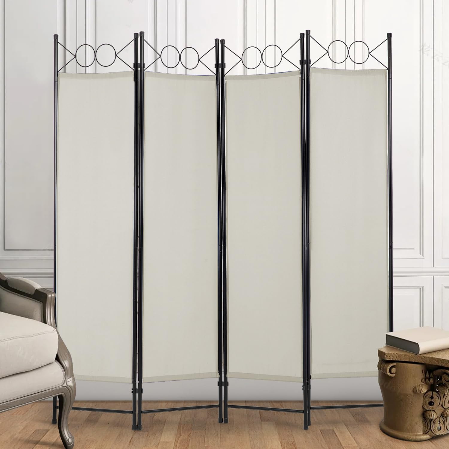 FDW 4 Panel Room Divider 6 ft Steel for Home Office Bedroom, Beige