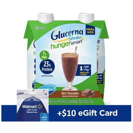 (FREE $10 Walmart eGift Card Included) Glucerna Hunger Smart Meal Size, Diabetes Nutritional Shake, Meal Replacement To Help Manage Blood Sugar, Rich Chocolate 16 fl oz, 12 Count with