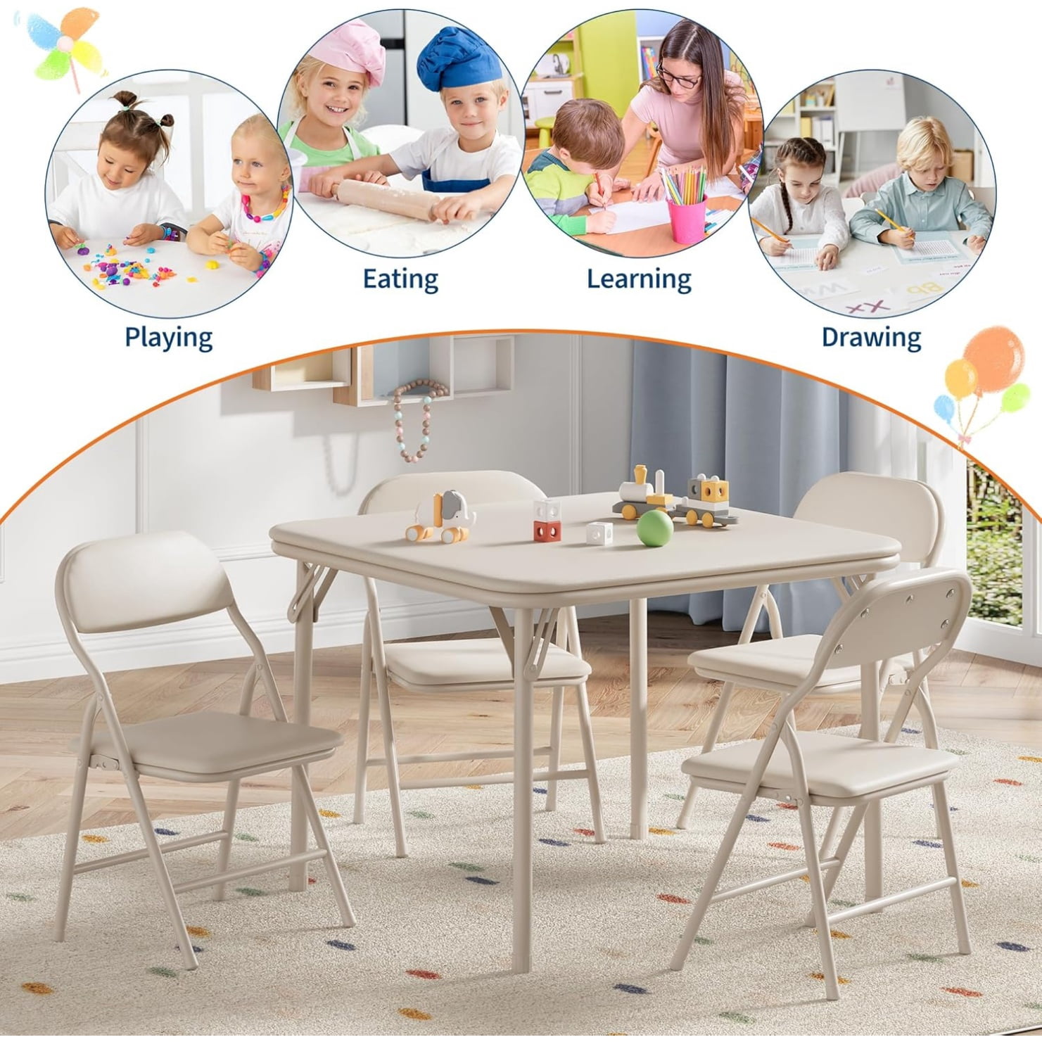 3/5 Piece Kids Folding Table and Chairs Set, Toddlers Boys Girls Games Table and Chairs Set, Activity Table and Chairs Set for Dining Room,Daycare,Classrooms