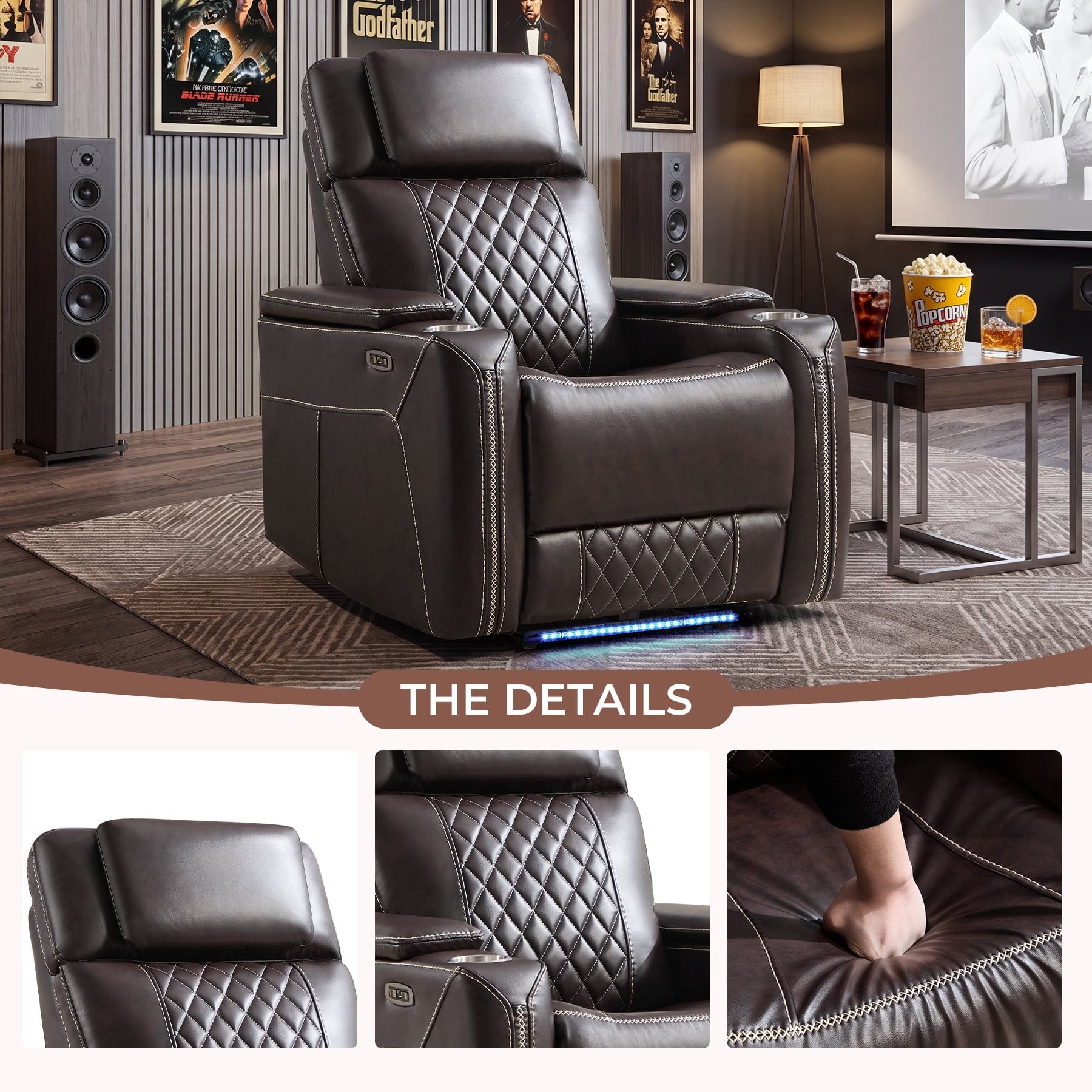 Ebello Dual Motor Power Recliner Chair, Faux Leather Electric Reclining Chair with LED Light Strip, USB Port, Cup Holders & Hidden Storage, Oversized Headrest for Home Theater, Brown