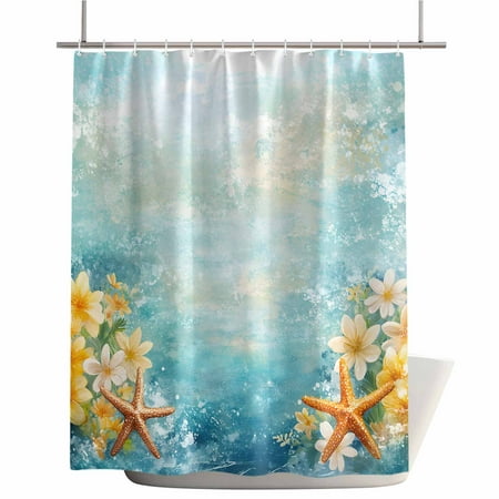 Shower Curtains for Bathroom-60"x72",Summer Ocean Starfish Flower Waterproof Bath Curtain Grommet Shower Curtain Set with Hooks,Watercolor Coastal Marine Theme Washable Bath Accessories