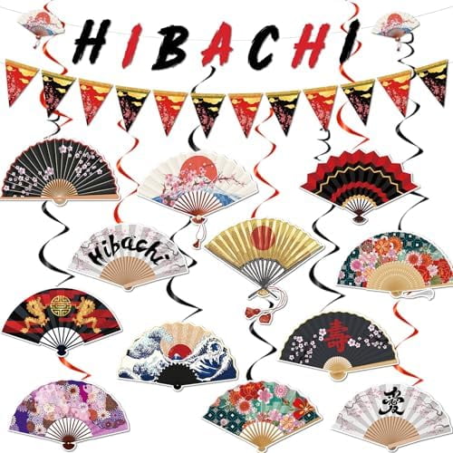 Hibachi Birthday Party Decorations - 14 Pcs Red Banner Pennant Garland Folding Fans Hanging Swirls Set Cherries Blossom Plum Dragon Asian Japanese Theme Supplies Favors Wall Ceiling Decor$
