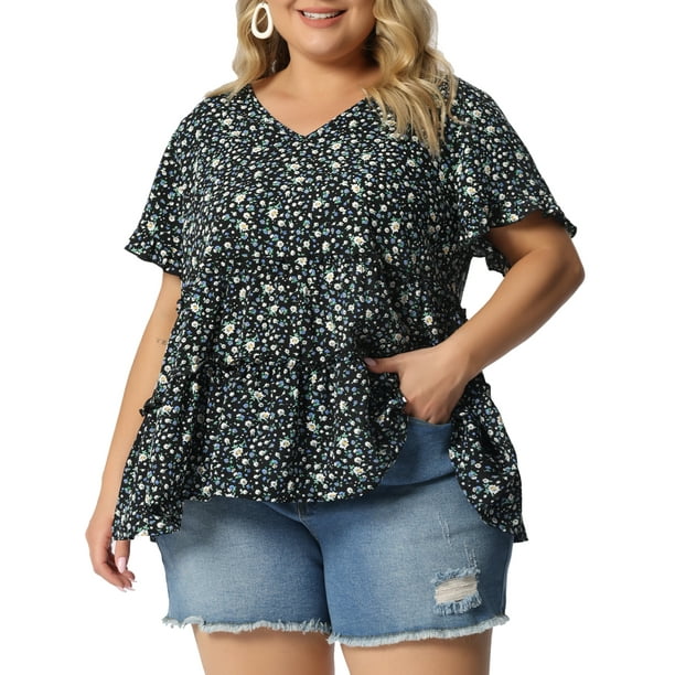 Top de Día de la Madre para Mujeres de Talla Grande Agnes Orinda, Blusa Boho Floral con Cuello en V, Mangas con Volantes, Blusas de Babydoll en Capas 4X Negra