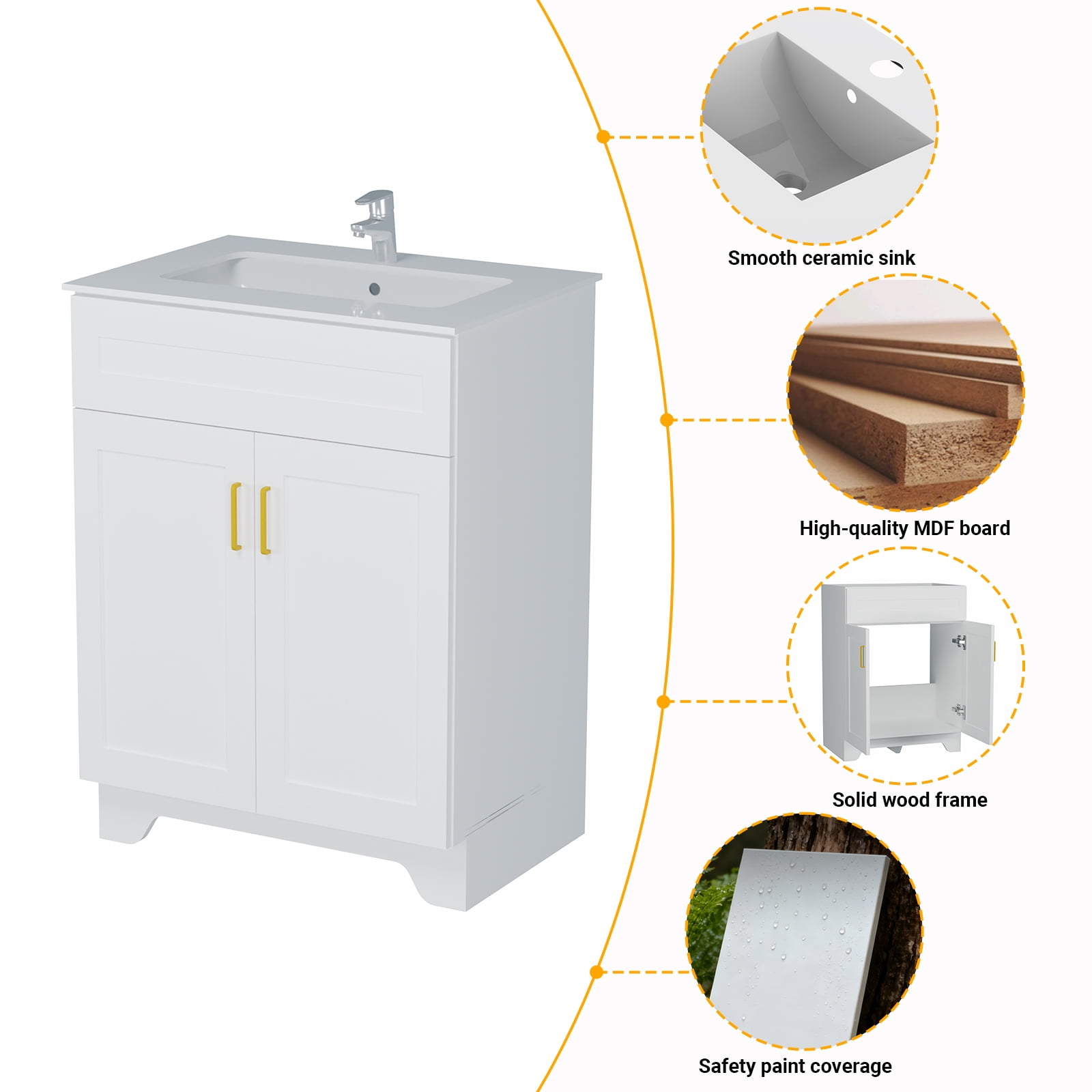 KZElegy 24" Bathroom Vanity with Sink Wooden Double Door Bathroom Storage Cabinet,Freestanding Cabinet Vanity with Ceramic Sink,White