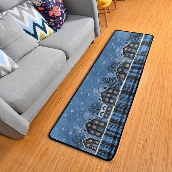 Blue Black Plaids Christmas Street View Long Floor Mat Runner Rug Area Rug Carpet Water Absorbent Non-Slip 72" x 24"