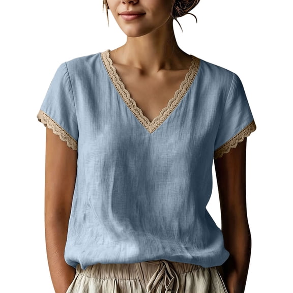 Turilly Women's V-Neck Lace Trim Blouse Fashion Ladies Casual Short Sleeve Linen Blend Top for Spring Summer
