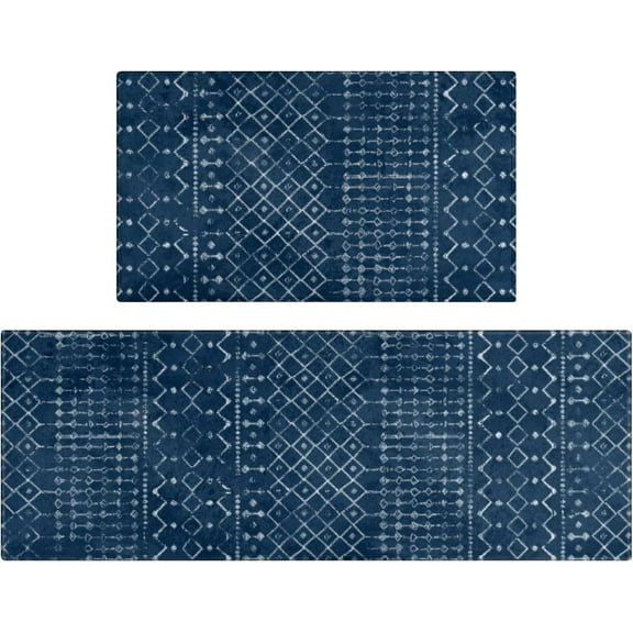 Boho Kitchen Mat Set of 2,Modern Farmhouse Kitchen Rugs and Mats Non Skid Washable,Moroccan Boho Runner Rugs with Rubber Backing for Kitchen Decor and Accessories (Dark Blue 17"x47" 17"x30")