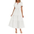 thumbnail image 4 of Ecqkame Summer Dress for Women A Line Empire Waist Tiered Long Dresses Sexy Flowy V Neck Short Sleeve Dress with Pockets White M, 4 of 9