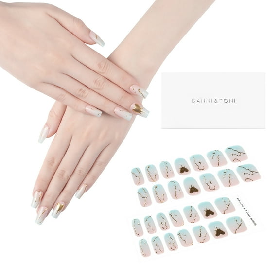 DANNI & TONI Semi Cured Gel Nail Strips (Aphrodite) Valentine's Day Gold Heart Gel Nail Wraps Green Ombre Nail Polish Stickers 28 Stickers