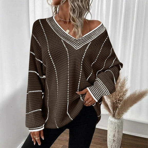 Ounisa Sweaters for Women 2025 Long Sleeve Striped Knitted V Neck Pullover Jumper Tops Fall Outfits Fashion Clothing