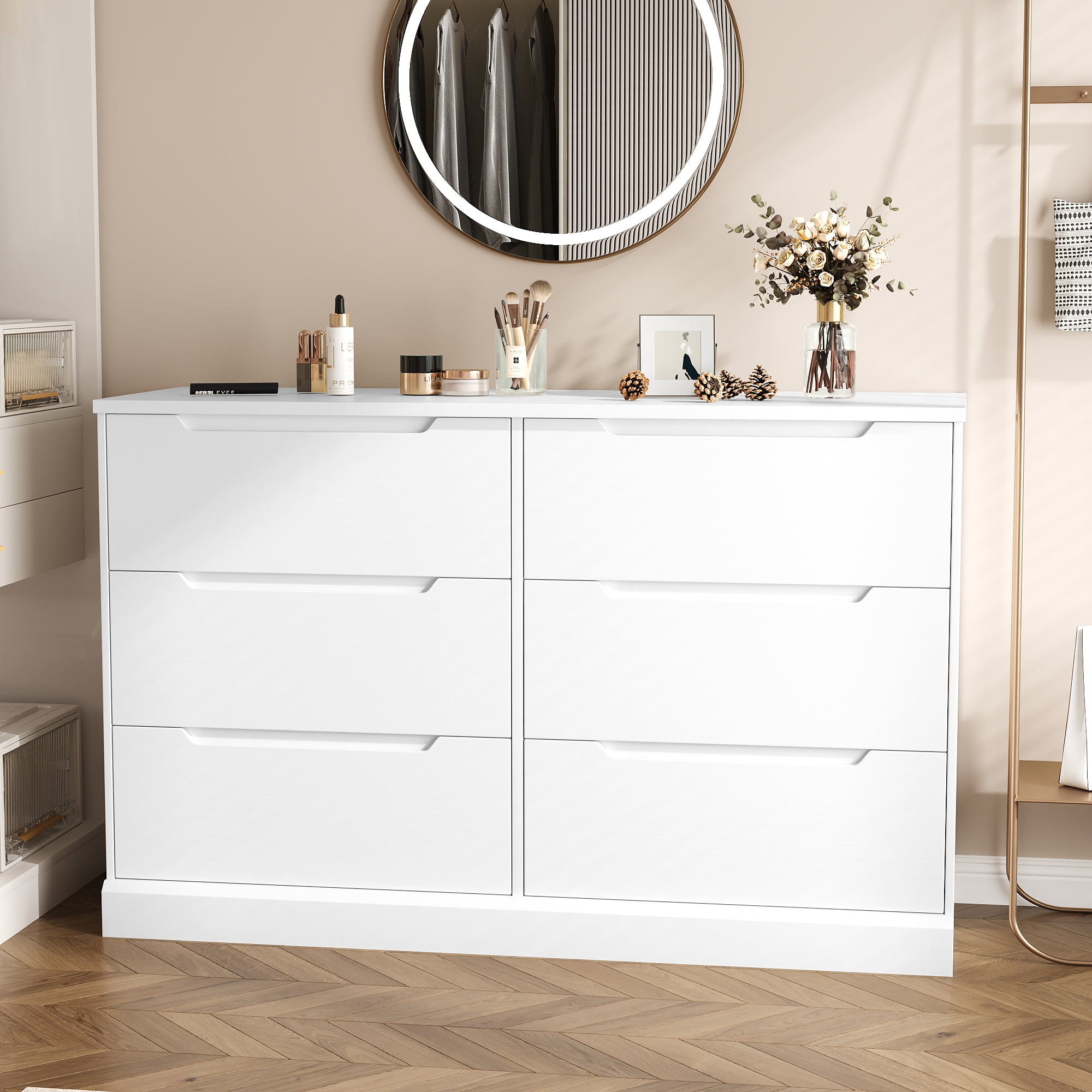 White Dresser 6 Drawer Dresser for Bedroom Modern Wooden Closet Double Dresser Closet Living Room Hallway Entryway Dressing Room