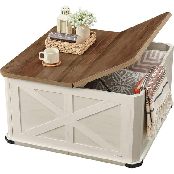 Square Coffee Table with Storage Coffee Table for Living Room Center Table with Flip-Top Lids, Honey Brown and Rustic White