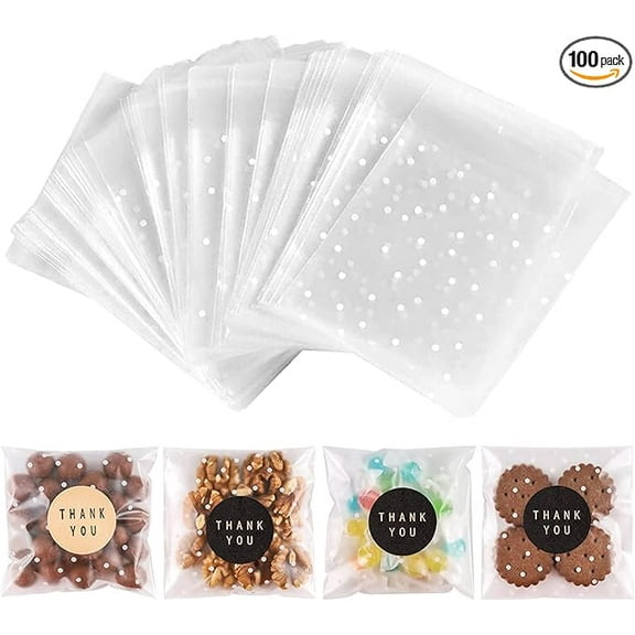 100PACK Self Sealing Cellophane Bags Clear Cookie Treat Bags Thank You for Gift Giving Candy with Stickers(White Polka Dot, 4x4 INCH)