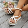 thumbnail image 2 of Dakaela Womens Platform Sandals Strappy Bow Wedge Heels Espadrille Comfortable Slip on Slides Open Toe Summer Beach Shoes White Size 8, 2 of 9