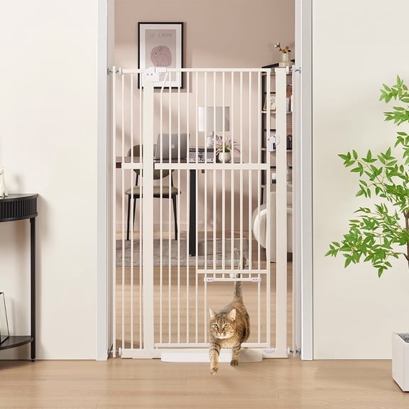 Unipaws 56" Tall Baby Gate with Cat Door, 31-37" Wide Pressure Mounted Dog Gate for Stair Doorway, Walk Through Pet Gate, White