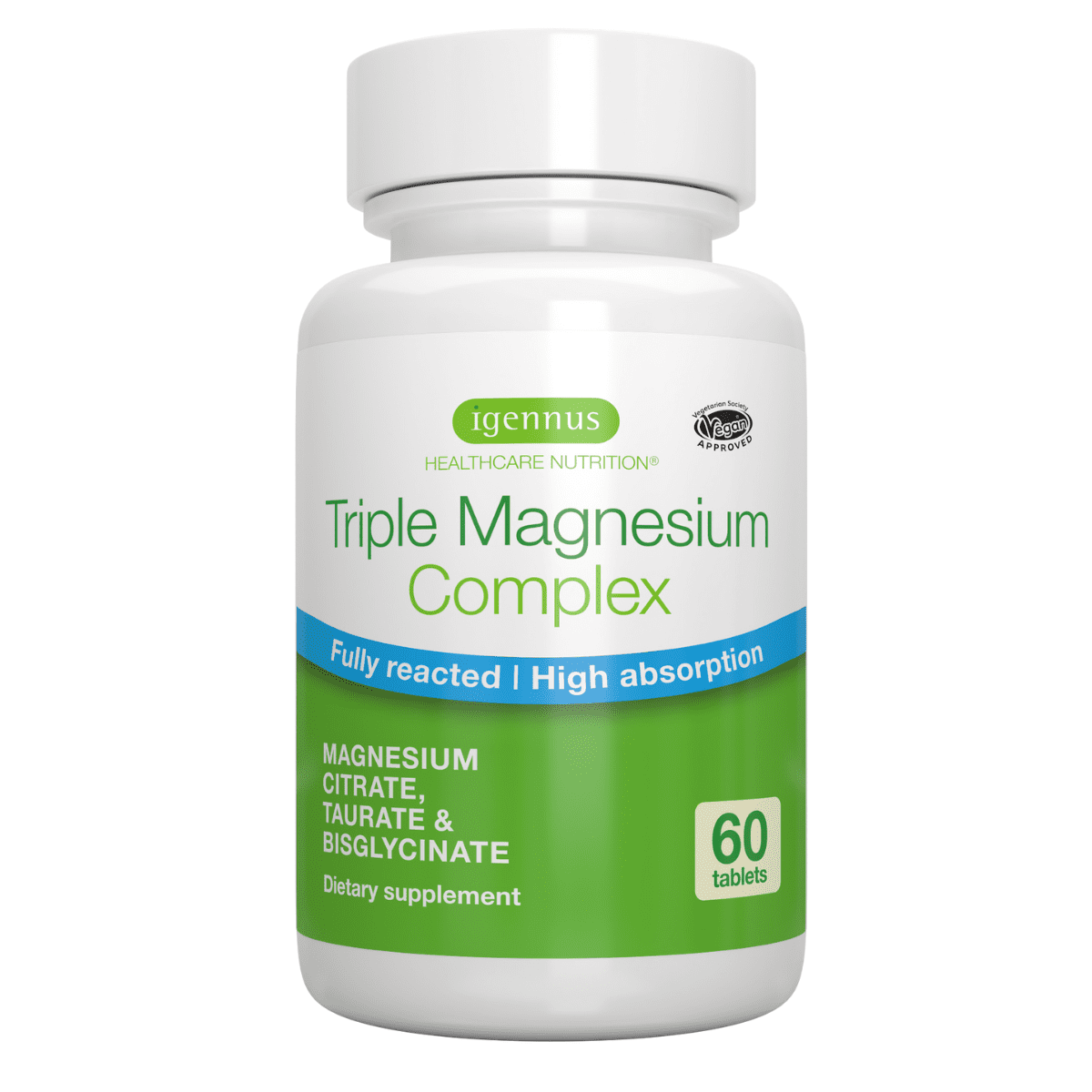 Igennus Triple Magnesium Complex, Vegan, High Absorption, Chelated Glycinate, Taurate & Citrate for Stress, Sleep, Migraine, Fully Reacted, Pure & Oxide-free, 30 Servings