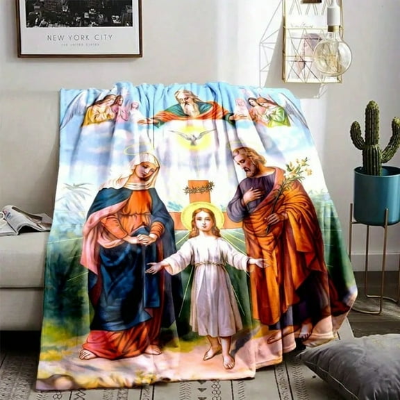1pc Christian Mythology Flannel Throw Blanket - Reversible All-Season 100% Polyester Soft & Warm Nativity Scene Design, Rustic Country Style Religious Theme