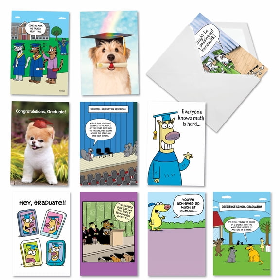 NobleWorks 10 Assorted Box Set Humorous Graduation Greeting Cards w/5 x 7 Inch Envelopes (10 Designs, 1 Each) Animal Grads AC10368GDG-B1x10