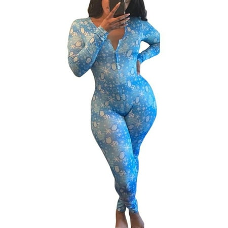 

Listenwind Women Xmas Jumpsuit Pajamas Bodysuit Bodycon Printed Slim Long Sleeve Round Neck Button-Down Home Wear Sleepwear