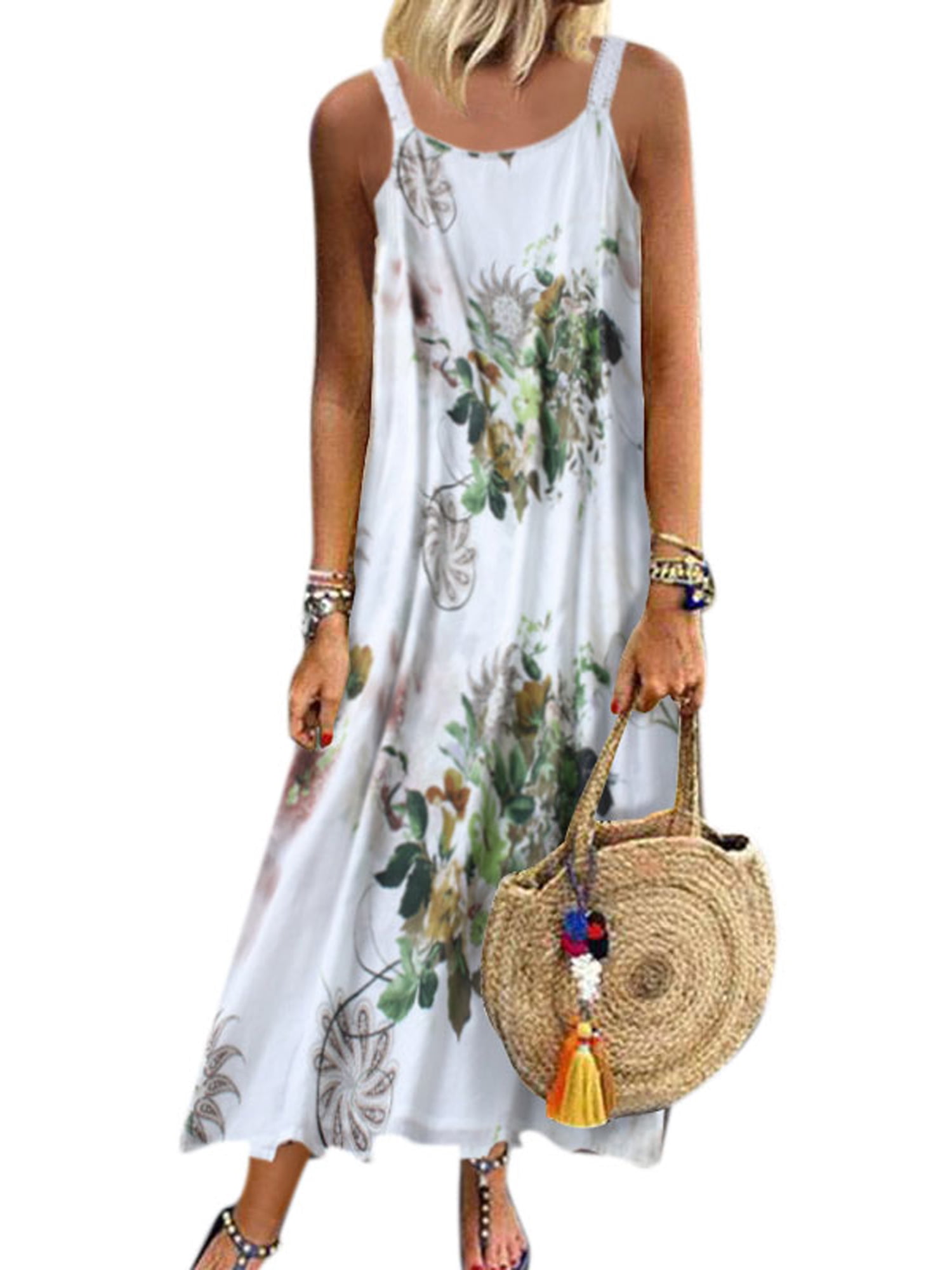 Women's Boho Summer Strappy Plus Size Floral Kaftan Long Dress Beach ...