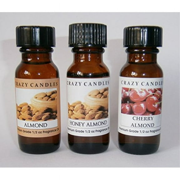 3 Bottles Set, 1 Almond, 1 Cherry Almond, 1 Honey Almond 1/2 Fl Oz Each 15ml Premium Grade Scented Fragrance Oils By Crazy Can