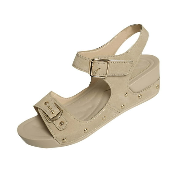 Hopeusnice Sandals for Women PU Materials Summer Shoes Breathable Non-Slip Flat Heel Soft Trendy Open Toe Women's Sandals Buckle Slip-Resistant Walking Shoes Beige 36