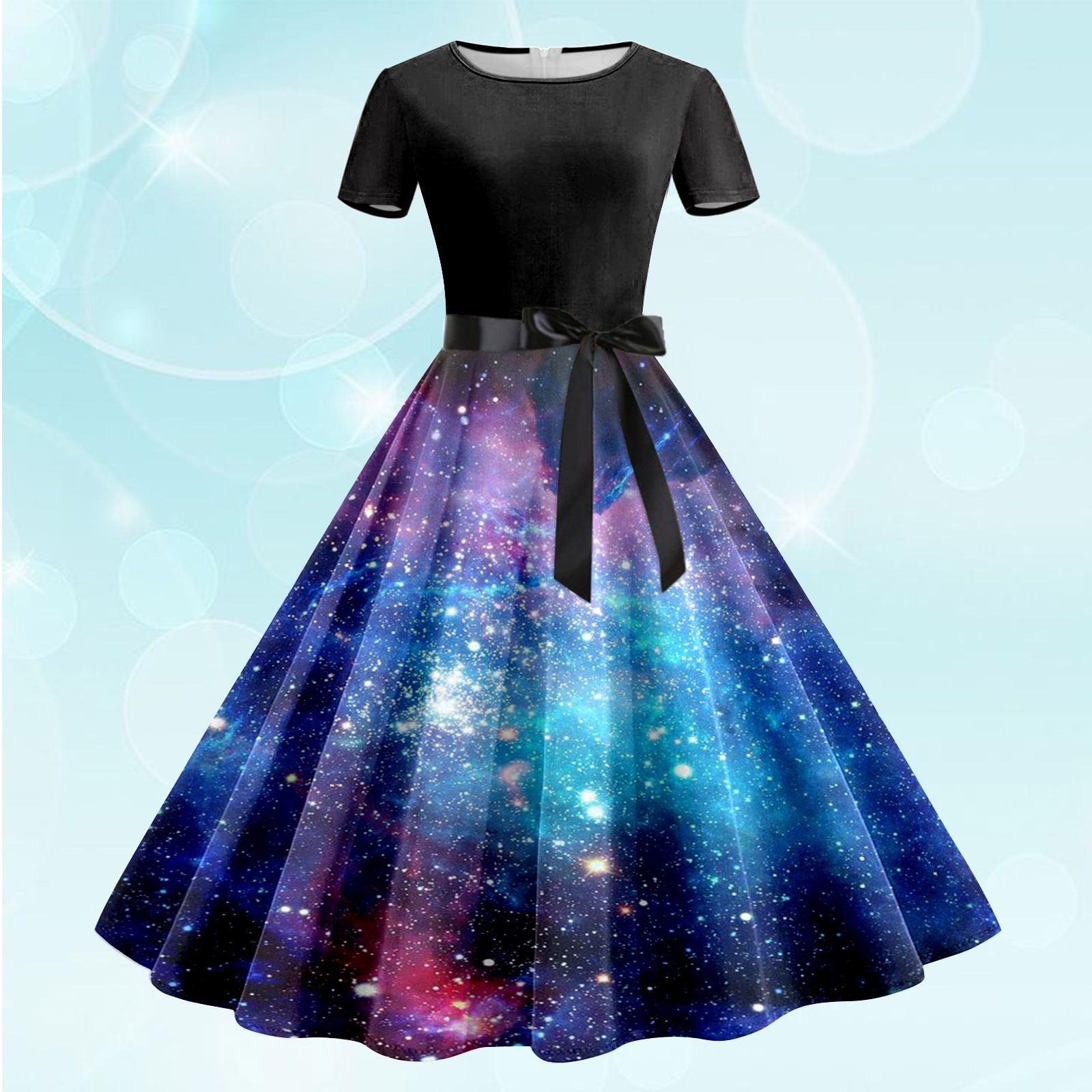 XIAOCHA Women's Galaxy Print Swing Dress Short Sleeve Round Neck Tie Waist Midi Dress Retro Space Themed Party Dress
